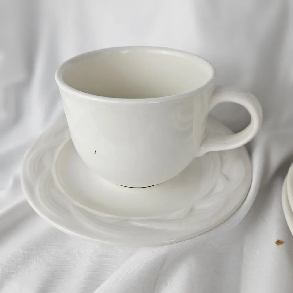 Vintage Pfaltzgraff ACADIA WHITE 4 Tea‎ Coffee Cup & Saucer Sets USA ec 1